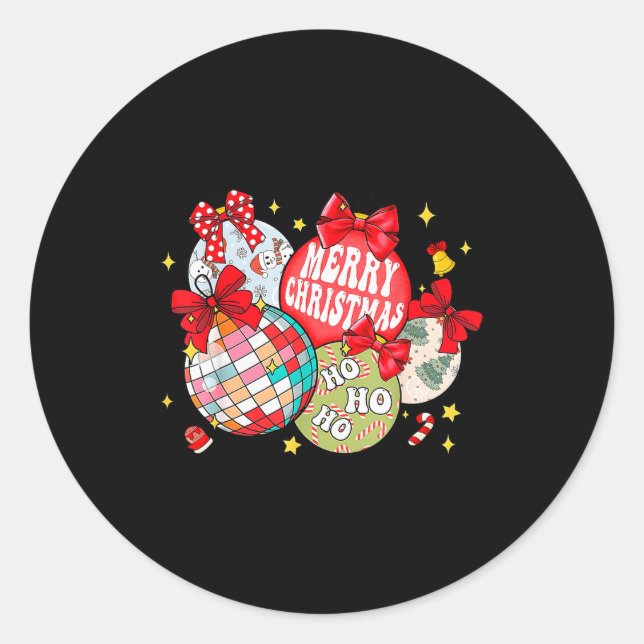 Merry Christmas Ornaments Disco Ball Coquette Bow  Classic Round Sticker (Front)