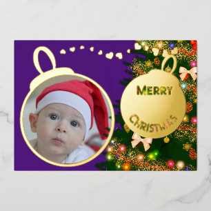 Merry Christmas Ornaments - Family Photo Gold Foil Holiday Card