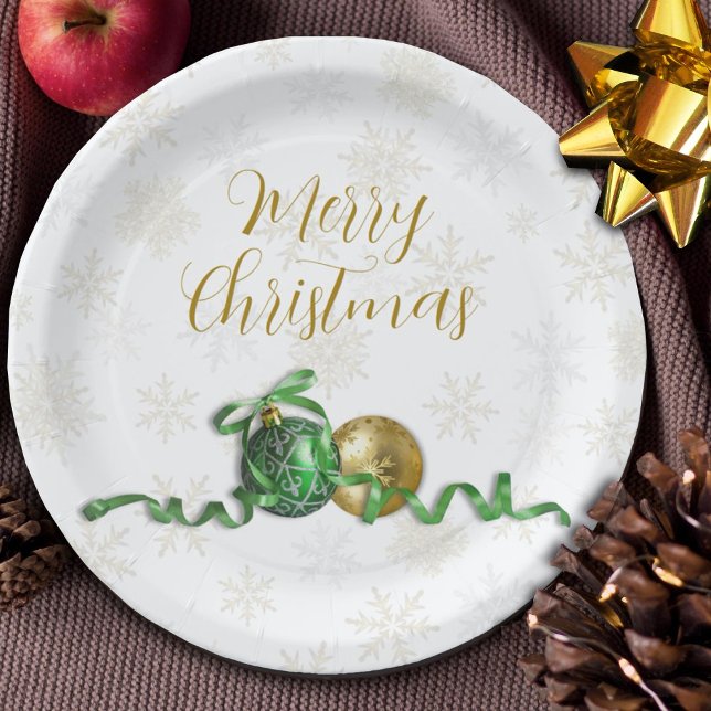 Merry Christmas Ornaments Gold Holiday Party Paper Plate (Creator Uploaded)