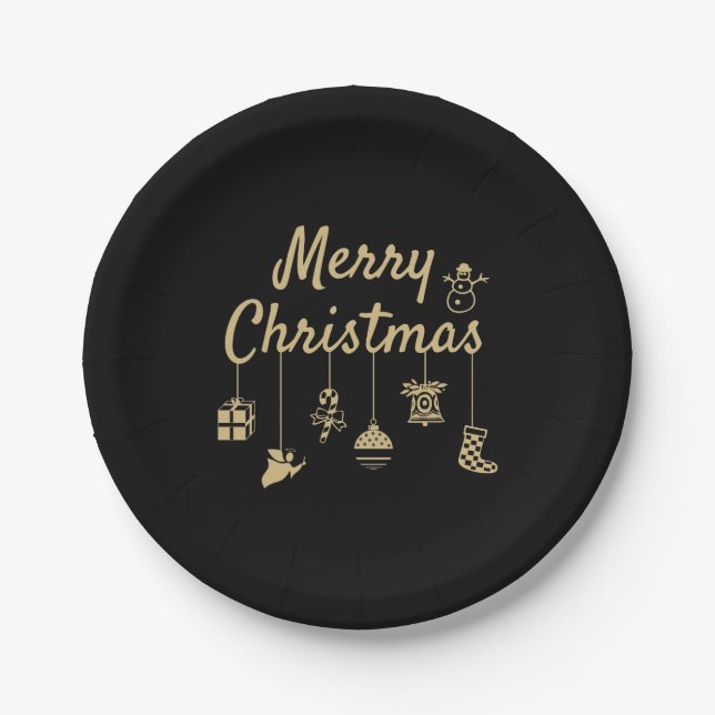 Merry Christmas Ornaments gold Paper Plate (Front)