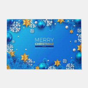 Merry Christmas Ornaments golden stars Blue Doormat