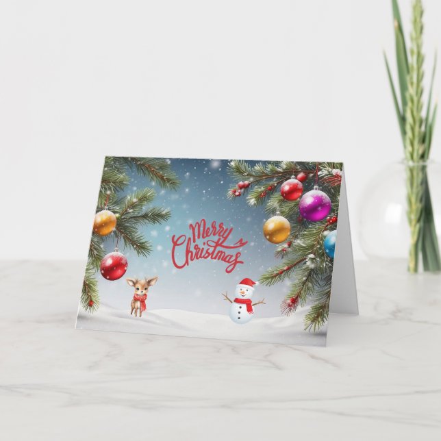 Merry Christmas Ornaments, Snowman, Reindeer  Holiday Card (Front)