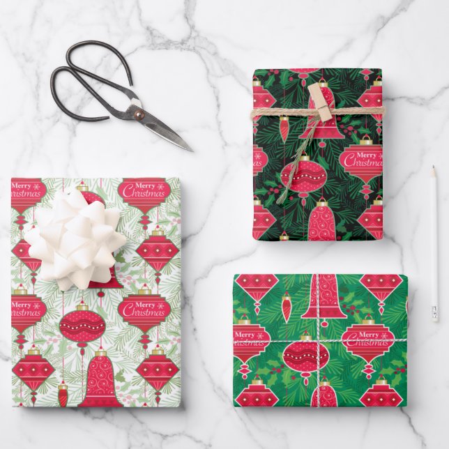Merry Christmas Ornaments With Pine Branches Holly Wrapping Paper Sheet (Front)