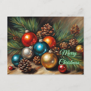 Merry Christmas Ornaments with Pinecones Holiday Postcard