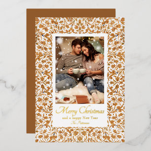 Merry Christmas Ornate Floral Photo Foil Holiday Card