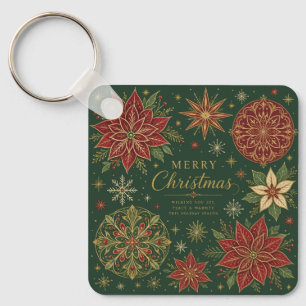 Merry Christmas Ornate Poinsettia Mandala Keychain