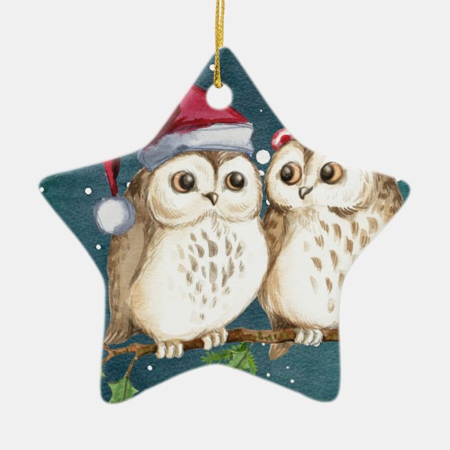 Merry-christmas Owls Ceramic Ornament (Front)