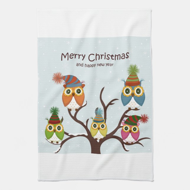 Merry Christmas Owls on the Tree Kitchen Towel (Vertical)