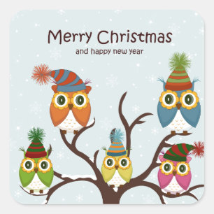 Merry Christmas Owls on the Tree Sticker
