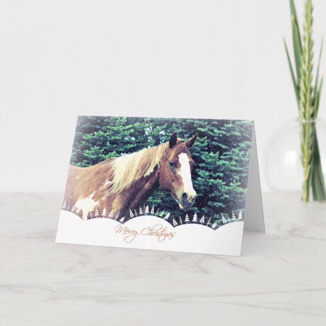 Merry Christmas Paint Mare With Tree Border Holiday Card (Front)