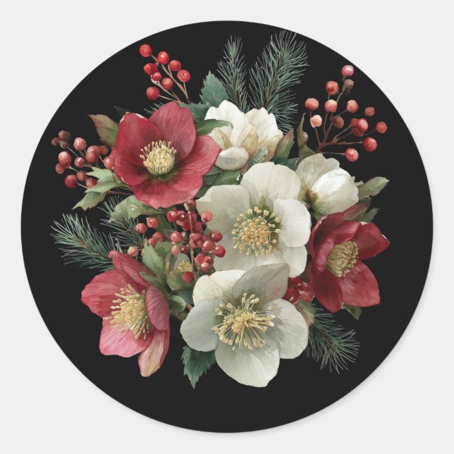 Merry Christmas Painterly Hellebore Holiday Design Classic Round Sticker (Front)