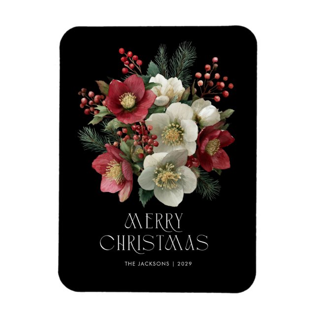 Merry Christmas Painterly Hellebore Holiday Design Magnet (Vertical)