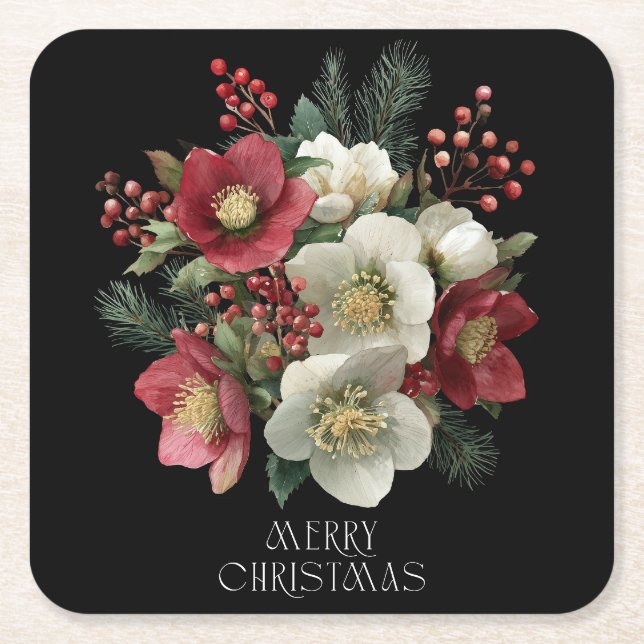 Merry Christmas Painterly Hellebore Holiday Design Square Paper Coaster (Front)