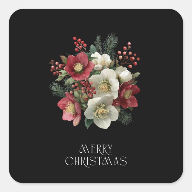 Merry Christmas Painterly Hellebore Holiday Design Square Sticker (Front)