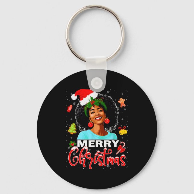 Merry Christmas Pajamas Afro Girls Women &amp; San Keychain (Front)