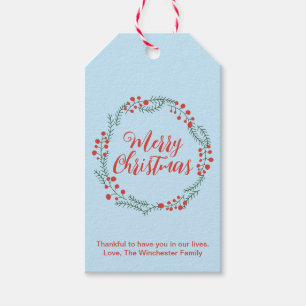 Merry Christmas pale blue red script rustic wreath Gift Tags