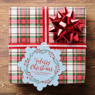 Merry Christmas pale blue red script rustic wreath Ornament Card