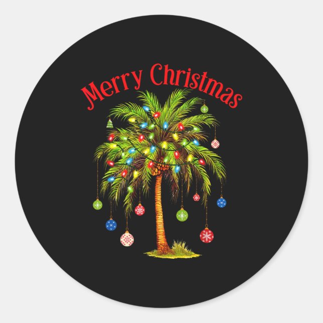 Merry Christmas Palm Tree Light Hawaiian Trocal Ch Classic Round Sticker (Front)