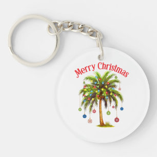 Merry Christmas Palm Tree Light Hawaiian Tropical  Keychain