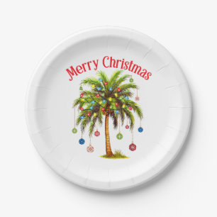 Merry Christmas Palm Tree Light Hawaiian Tropical Paper Plate