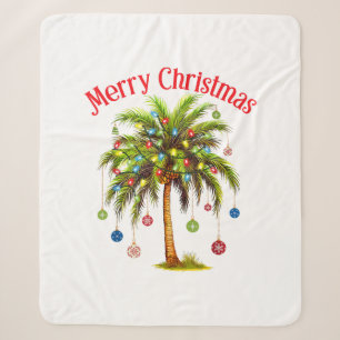 Merry Christmas Palm Tree Light Hawaiian Tropical Sherpa Blanket