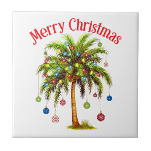 Merry Christmas Palm Tree Light Hawaiian Tropical  Tile