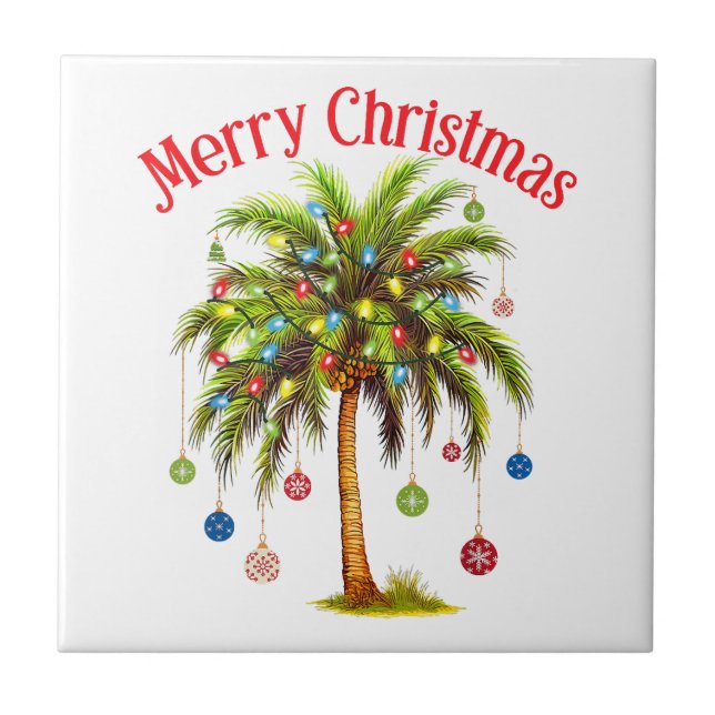 Merry Christmas Palm Tree Light Hawaiian Tropical  Tile (Front)