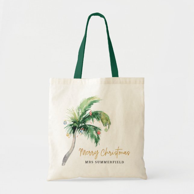 Merry Christmas Palm Tree School Teacher Custom Tote Bag (Front)