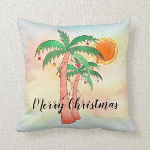 Merry Christmas Palm Trees Colourful Throw Pillow
