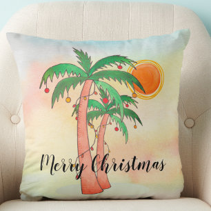 Merry Christmas Palm Trees Colourful Throw Pillow