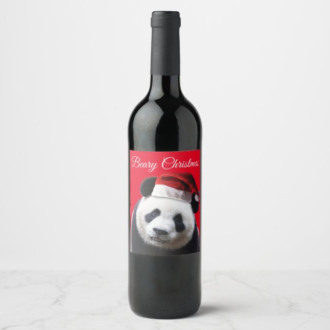 Merry Christmas Panda Bear Wine Label (Front)