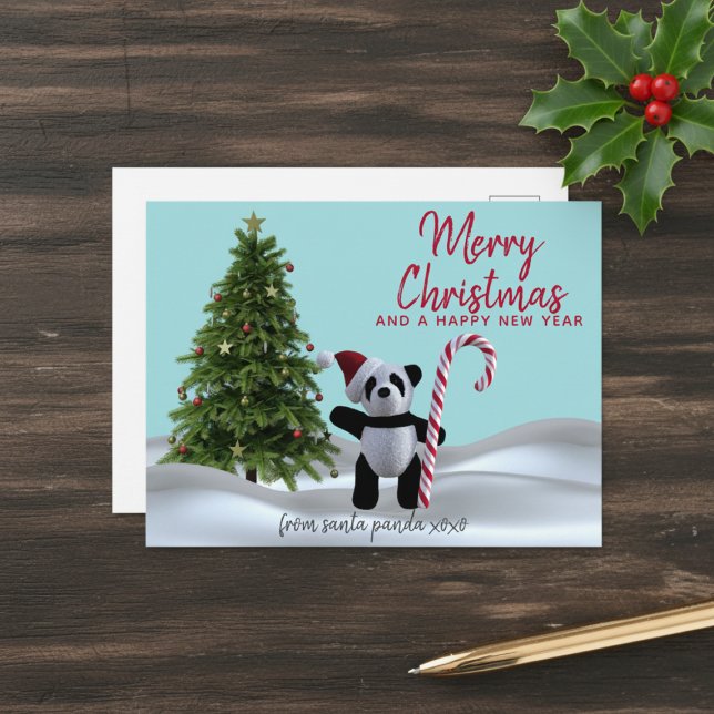 Merry Christmas Panda Holiday Postcard (Send Santa Panda Christmas Postcard to your family and friends this holiday season)