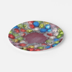 Merry Christmas Party Balls Wreath Silver Red Blue Paper Plate