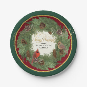 Merry Christmas Party Cardinals Pine Cone Wreath Paper Plate