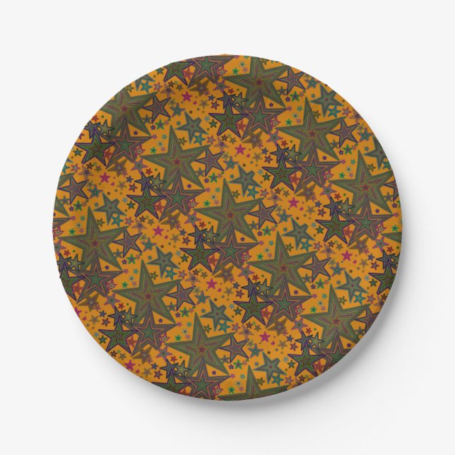 Merry Christmas Party Paper Plates Stars Orange (Front)