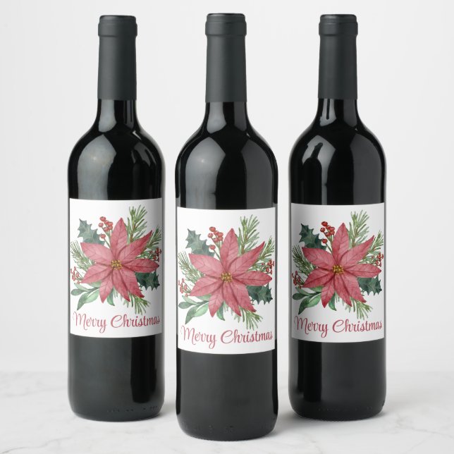 Merry Christmas Party Poinsettia Red Floral  Wine Label (Bottles)