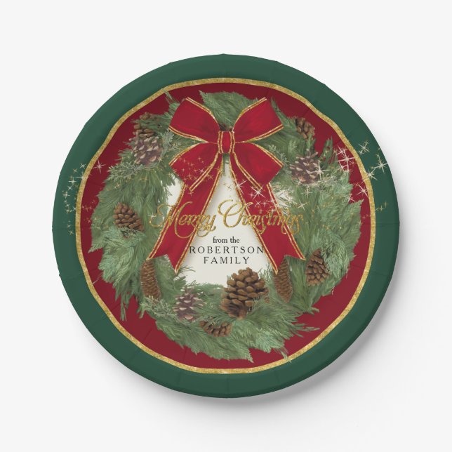 Merry Christmas Party Red Bow Pine Cone Wreath Paper Plate (Front)