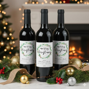 Merry Christmas Party Watercolor wreath holiday Wine Label