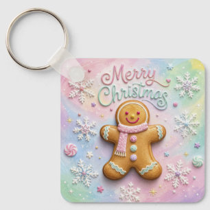 Merry Christmas Pastel Gingerbread Man Snowflakes Keychain