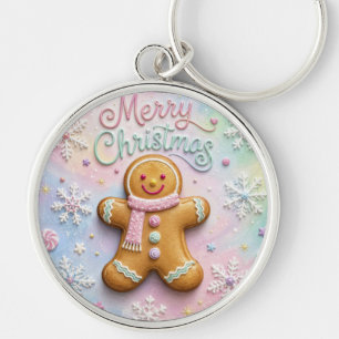 Merry Christmas Pastel Gingerbread Man Snowflakes Keychain