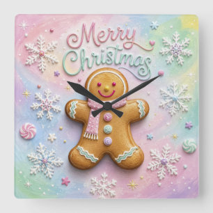Merry Christmas Pastel Gingerbread Man Snowflakes Square Wall Clock