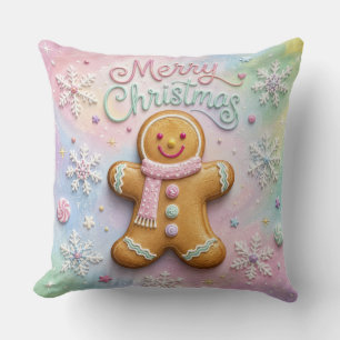 Merry Christmas Pastel Gingerbread Man Snowflakes Throw Pillow