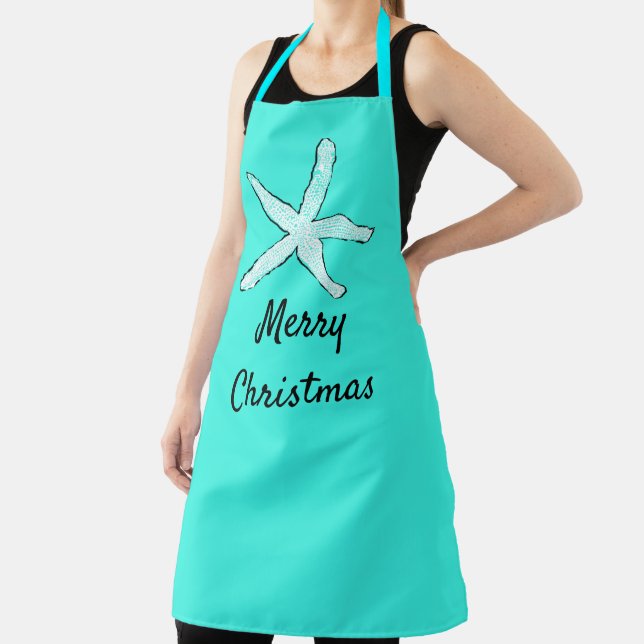 Merry Christmas Pastel Teal Blue Beach Starfish Apron (Insitu)