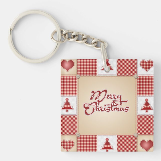 Merry Christmas Patchwork Acrylic Keychain (Front)