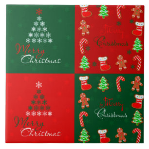 Merry Christmas Patchwork in Winter Green and Red Tile
