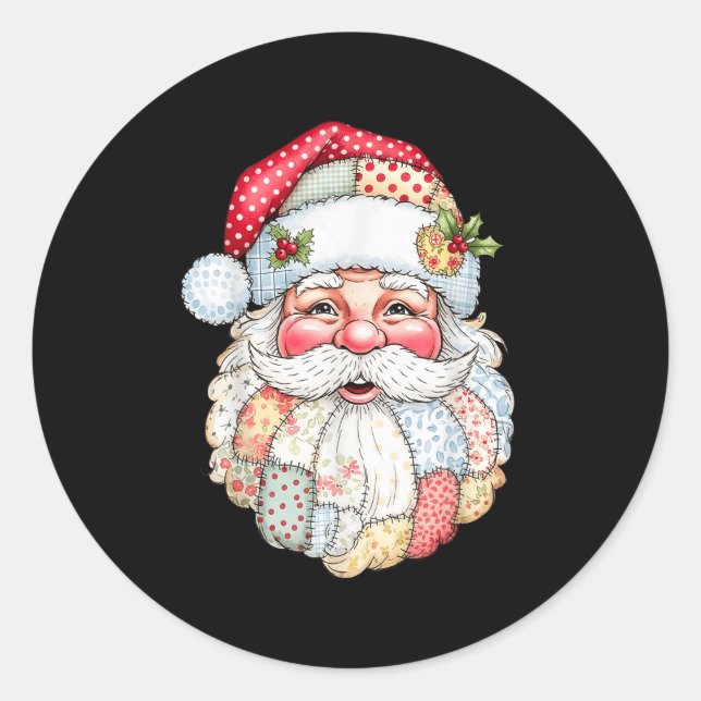 Merry Christmas Patchwork Santa Claus Face X-mas H Classic Round Sticker (Front)