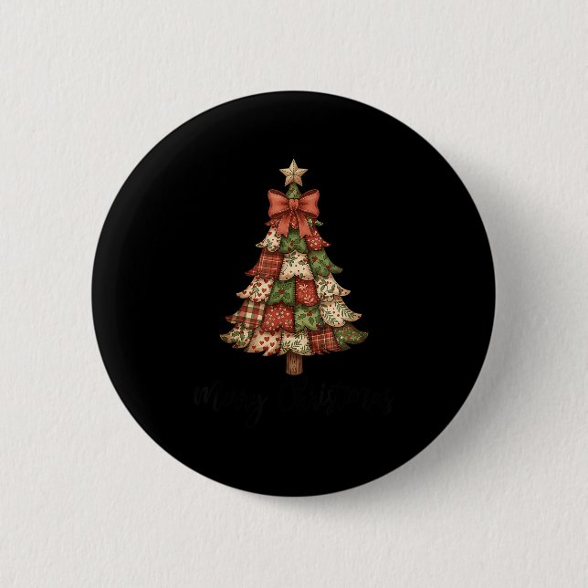Merry Christmas Patchwork Xmas Tree Family Men Wom 2 Inch Round Button (Front)