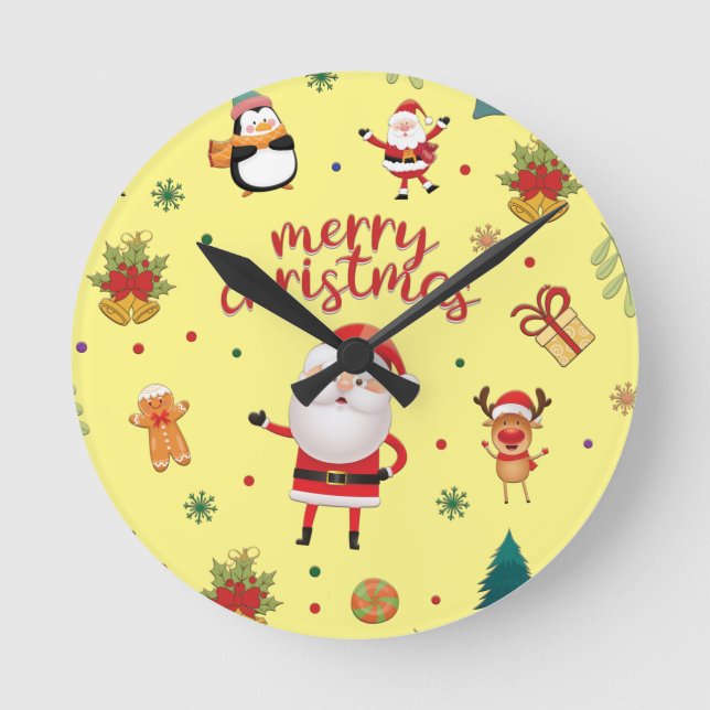 Merry Christmas Pattern Round Clock (Front)