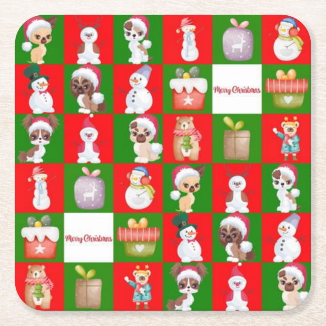 Merry Christmas pattern Square Paper Coaster (Front)