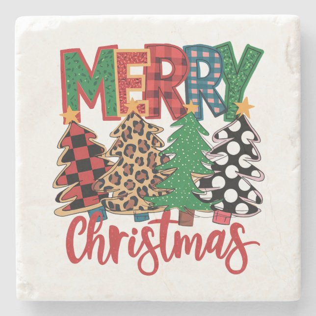 Merry Christmas Pattern Trees Stone Coaster (Front)